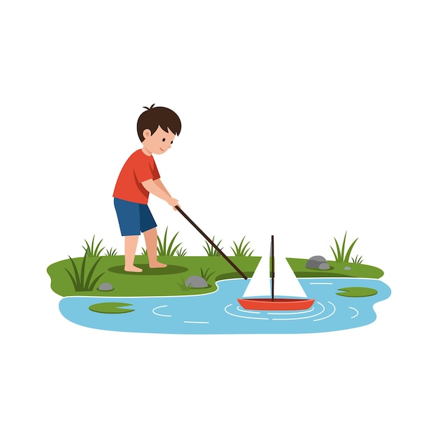 Niño usando un palo para guiar un velero de juguete en un estanque pacífico