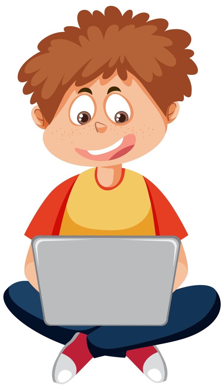 Vector un niño usando un personaje de dibujos animados portátil