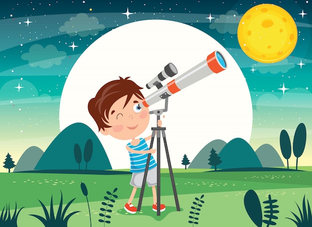Vector niño usando telescopio para investigación astronómica
