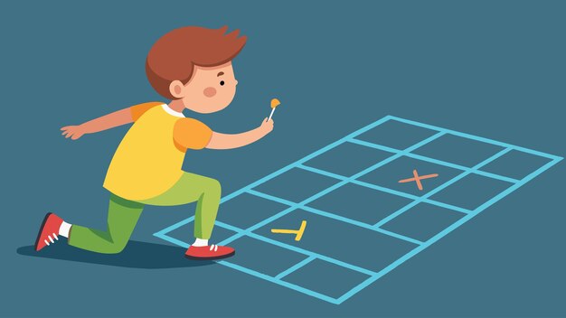 Vector un niño usando tiza para dibujar una tabla de hopscotch gigante en el pavimento cada cuadrado representa un paso