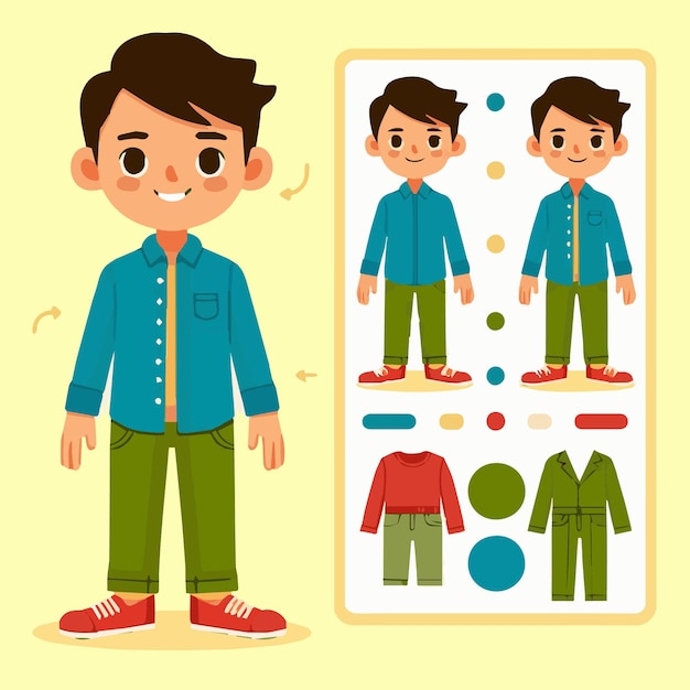 Vector un niño vector simple con diferentes tipos de ropa él lleva una camisa azul pantalones verdes y re