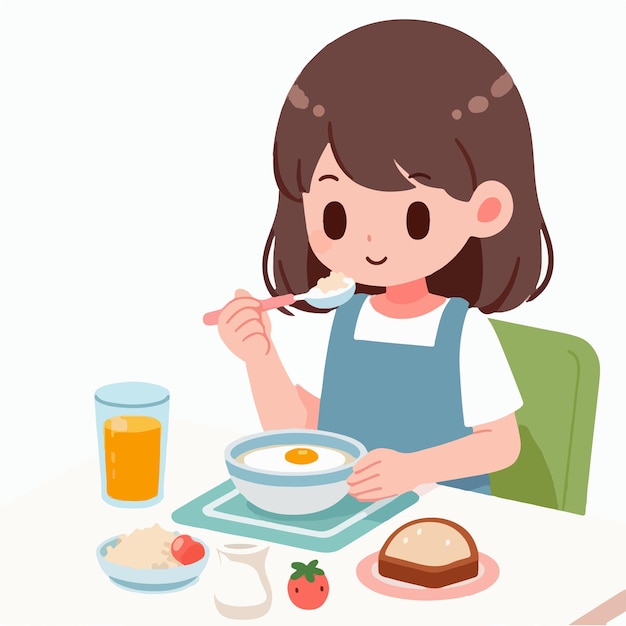 niño vectorial tomando el desayuno con estilo de diseño plano