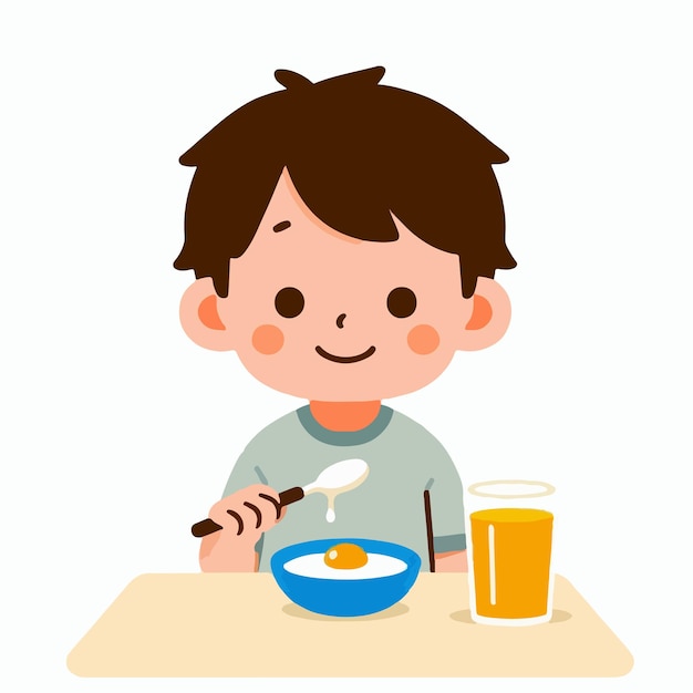niño vectorial tomando el desayuno con estilo de diseño plano