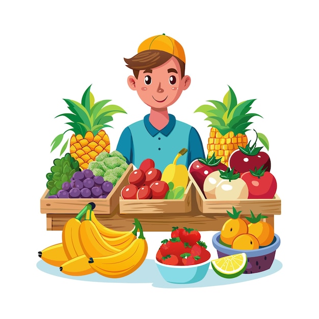 un niño vendiendo frutas y verduras de un carro