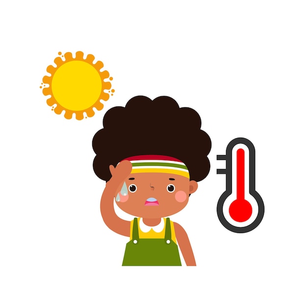 niño con verano Heatstroke personaje de dibujos animados lindo ilustración vectorial de estilo plano en fondo blanco