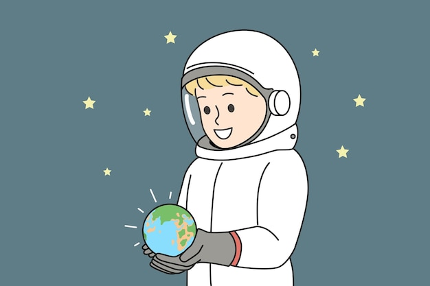 Un niño vestido de astronauta sostiene un planeta tierra en miniatura ubicado en el espacio con un cielo estrellado Un niño pequeño sueña con convertirse en astronauta y ir a una expedición de investigación del cosmos en un transbordador