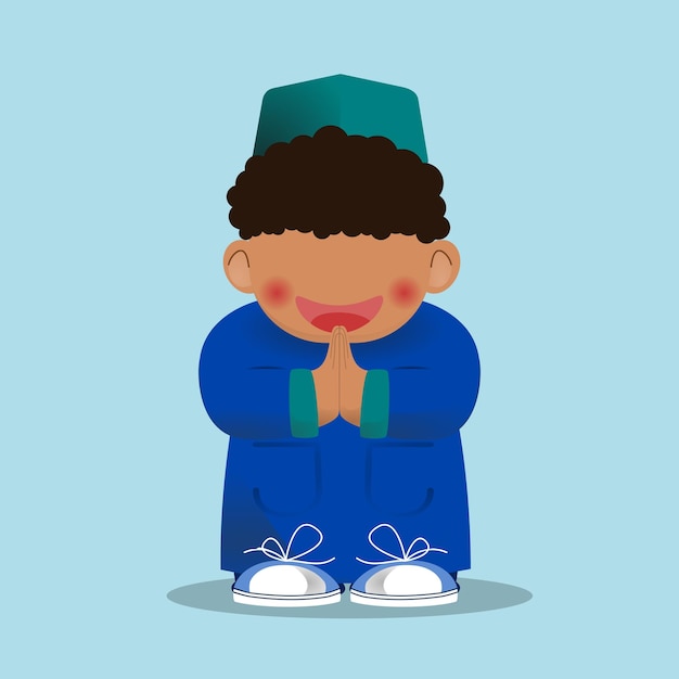 Un niño vestido de azul está de pie y rezando.