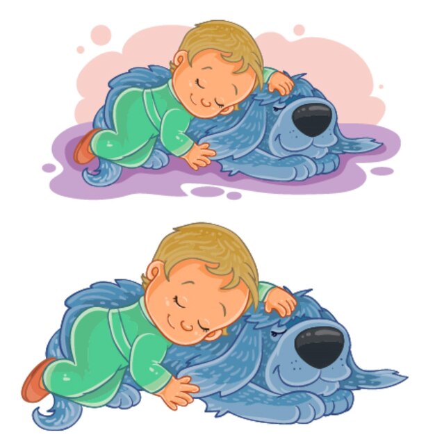 Vector niño en vestido de noche durmiendo con perro