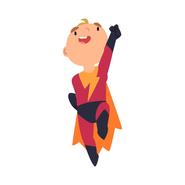 Un niño vestido de superhéroe salta para quitarse una ilustración vectorial de dibujos animados