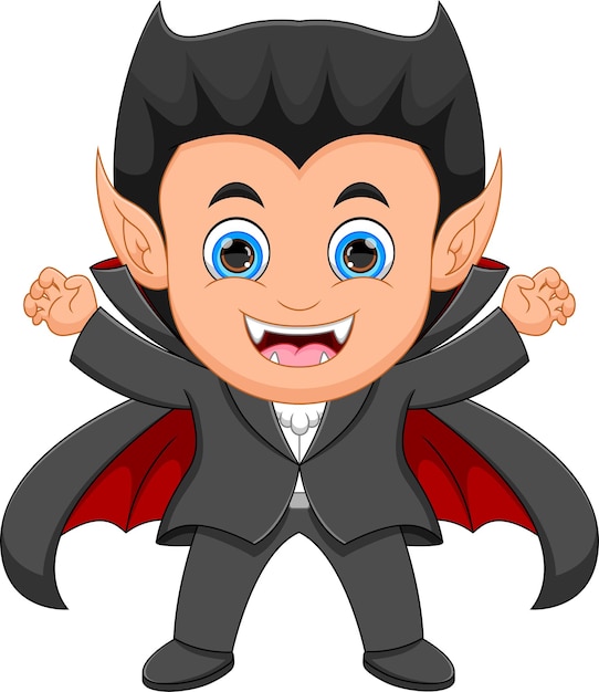 Niño vestido con traje de Drácula sobre fondo blanco.