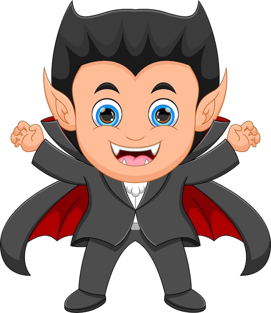 Vector niño vestido con traje de drácula sobre fondo blanco.