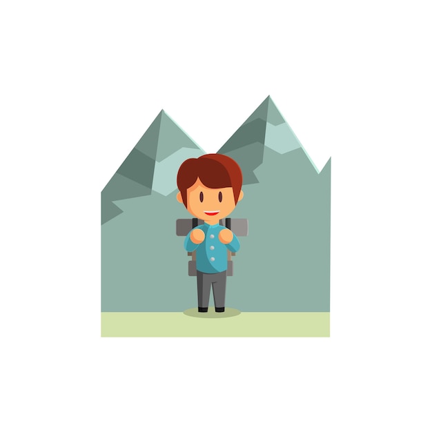 El niño viaja por las montañas. Ilustración de vector de caracteres sobre el tema Turismo mundial