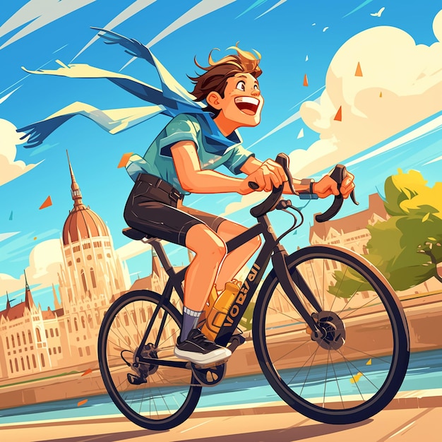 Vector un niño de viena anda en bicicleta por el danubio al estilo de las caricaturas
