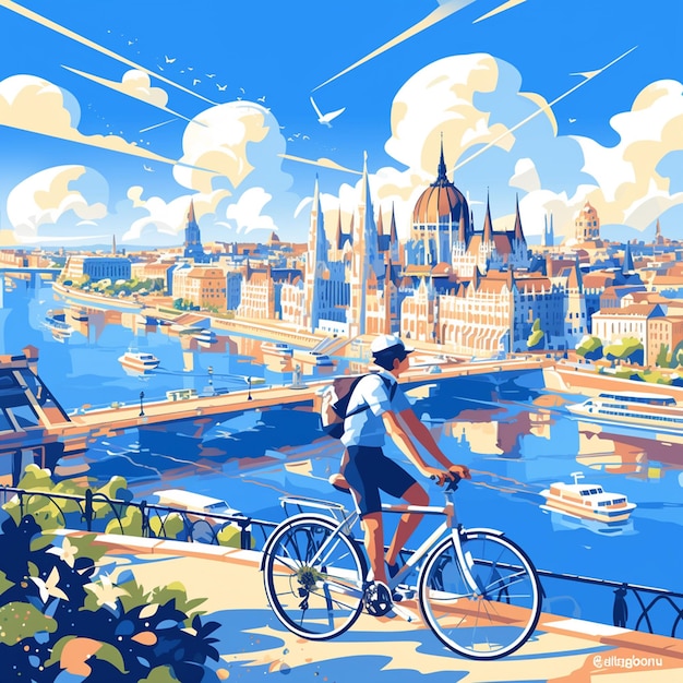 Vector un niño de viena anda en bicicleta por el danubio al estilo de las caricaturas