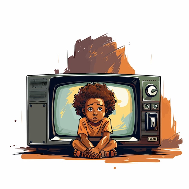 niño viendo un adhesivo de televisión vintage