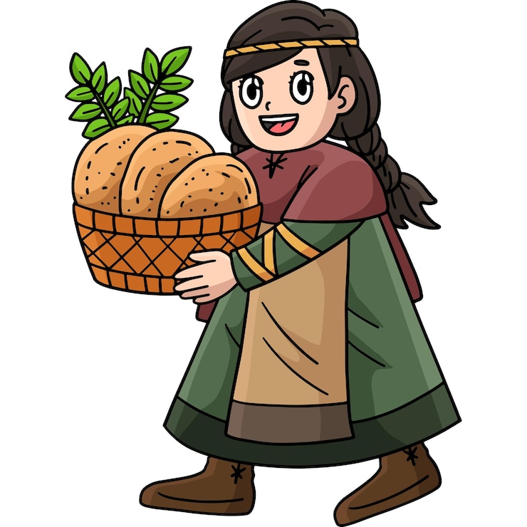Vector niño vikingo con una canasta de pan clipart de dibujos animados