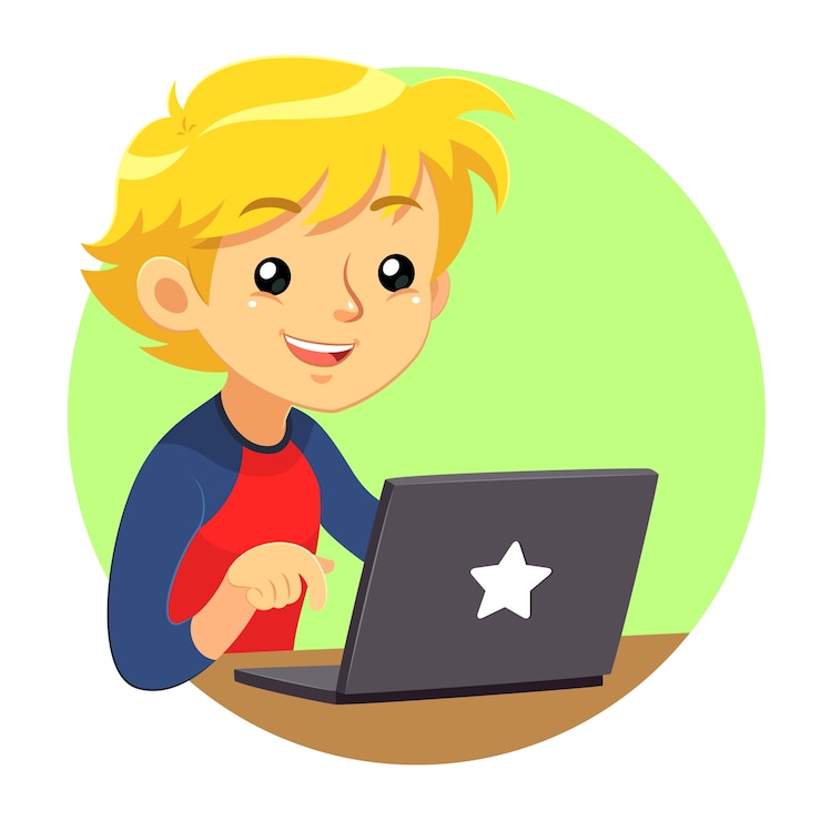 Vector niño vistiendo camisa roja y azul con laptop gris oscuro