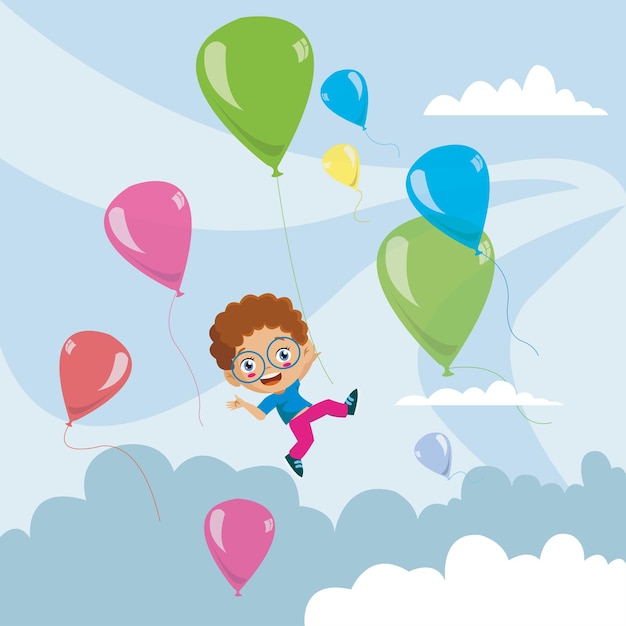 Niño volando en el cielo con globos