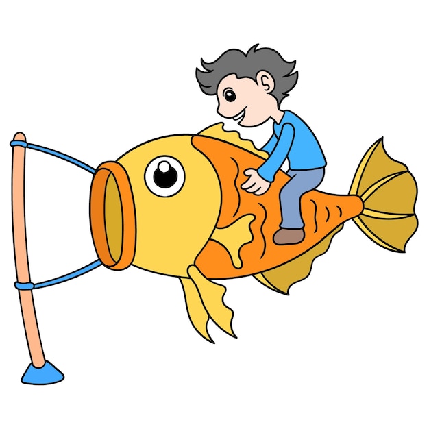 Niño está volando una cometa en forma de pez gigante, arte de ilustración vectorial. imagen de icono de doodle kawaii.