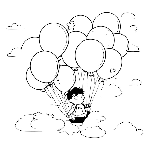 Vector niño volando en globos en el cielo con nubes