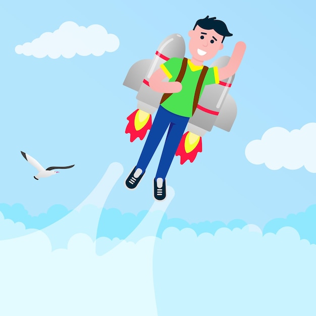 Niño volando con jetpack de cohetes como un piloto de superhéroe ilustración de vector de diseño de estilo plano