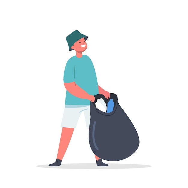 Vector niño voluntario limpiando basura del suelo en saco niño recolectando basura voluntariado caridad protección ecológica