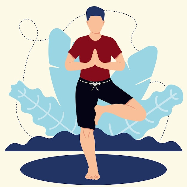 Niño en Vrikshasana Pose Concepto Vector Ilustración en estilo plano