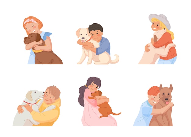 Vector los niños abrazan a los perros los niños abrazan a las mascotas los niños aman a los pequeños amigos los cachorros son dueños de la mejor raza canina sonríen y abrazan a los perros estilo de vida feliz animales de dibujos animados vector ostentoso