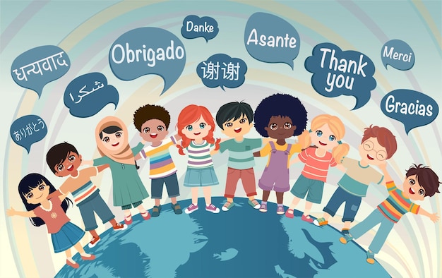 Vector niños abrazándose y viniendo de diferentes naciones envíe un mensaje de agradecimiento en varios idiomas