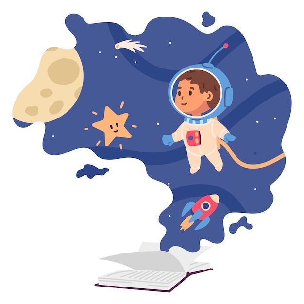 Los niños abren un libro sobre aventuras espaciales con un lindo astronauta