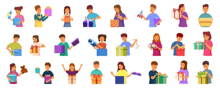 Niños abriendo regalos iconos conjunto vector de dibujos animados feliz desempaque