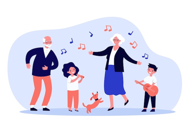 Niños, abuelos y mascotas que se divierten ilustración