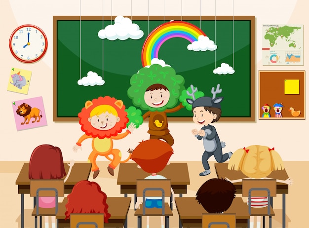 Niños actuando frente a clase ilustración