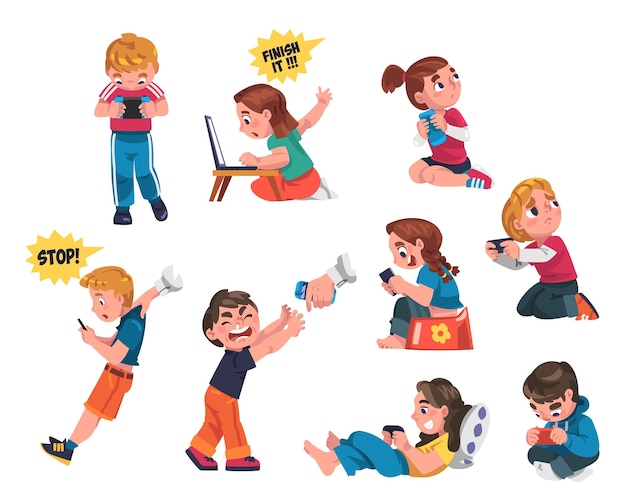 Niños adictos a los gadgets que usan la consola jugando a juegos de video
