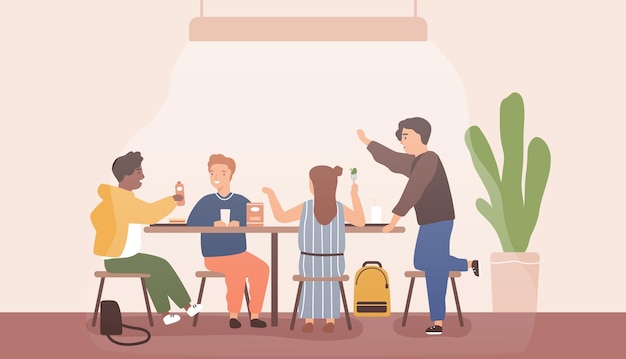 Los niños adolescentes pasan tiempo juntos durante las vacaciones escolares hablando y comiendo en la cantina. Estudiantes sentados en el comedor. Alumnos dentro de la cafetería almorzando. Ilustración de dibujos animados de vector plano.