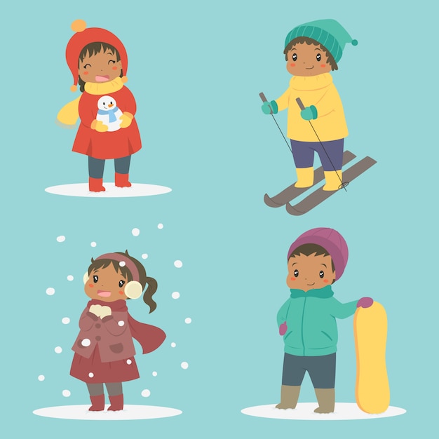 Vector niños afroamericanos felices jugando en vacaciones de invierno conjunto de vectores