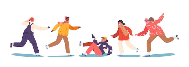 Niños aislados deslizándose sobre pistas de hielo, sus alegres giros y sus pasos tambaleantes crean un paraíso invernal de encanto juvenil, niños y niñas disfrutando de la diversión invernal en la ilustración del vector Frosty Air