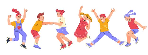 Niños alegres felices saltando de alegría Niños niños y niñas riendo y saltando vector de dibujos animados planos Ilustración aislada sobre fondo blanco