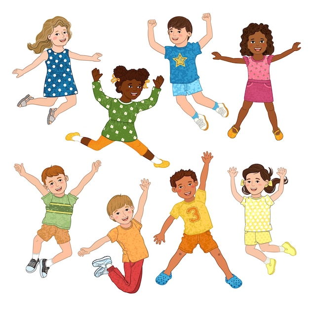 Niños alegres y felices saltando Ilustración colorida