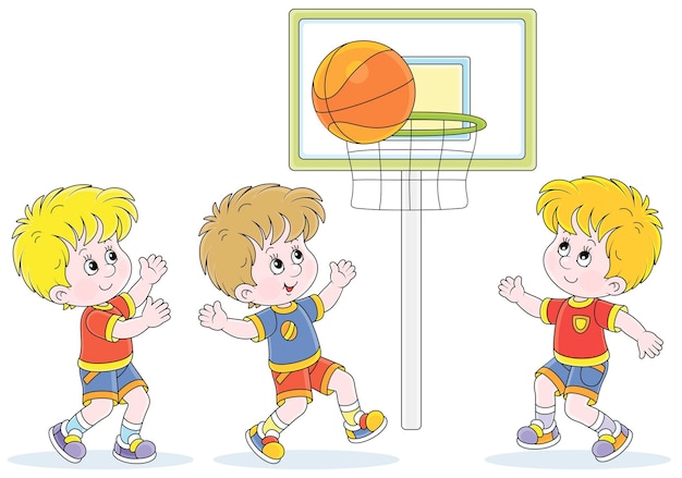 Niños alegres jugando baloncesto con una gran pelota naranja en un juego divertido en un patio de recreo