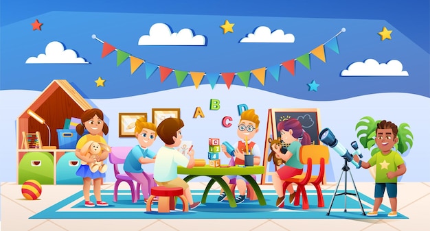 Niños alegres jugando juntos en la ilustración de vector de aula de jardín de infantes