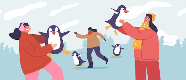 Vector niños alegres, niños y niñas, personajes juegan cerca de un iglú en un campamento de invierno compartiendo risas y calidez con sus amigos pingüinos en medio del país de las maravillas nevadas, personas de dibujos animados, ilustración vectorial