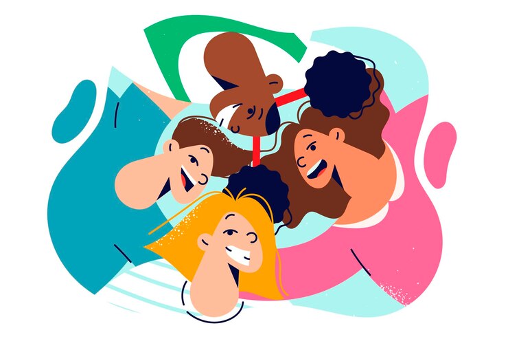 Vector niños alegres ríen de pie en círculo recibiendo emociones positivas al caminar juntos