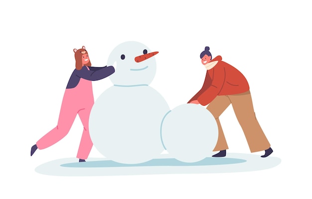Vector niños alegres vestidos con ropa de invierno elaborando un muñeco de nieve con nariz de zanahoria y ojos de carbón. la risa llena el aire helado mientras su creatividad da vida a un país de las maravillas nevado. ilustración vectorial de dibujos animados.