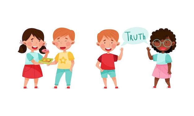 Los niños amables, honestos y justos establecen una ilustración vectorial de dibujos animados