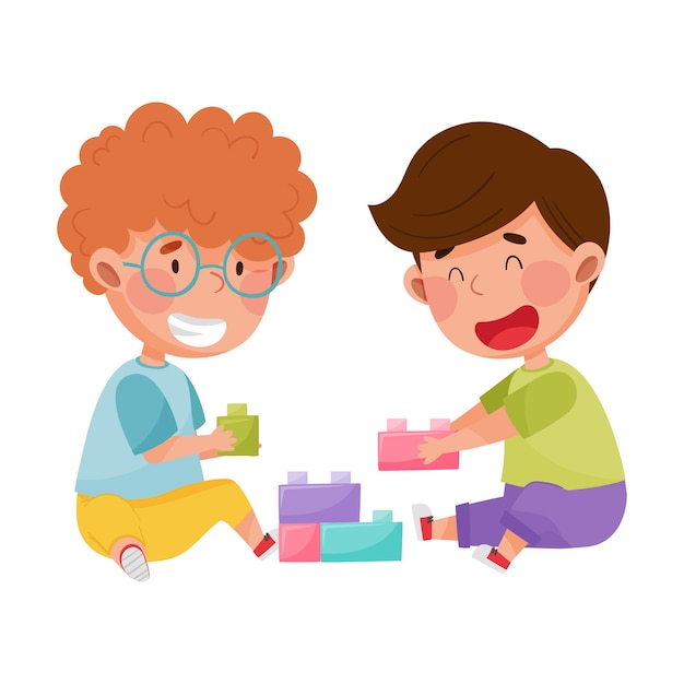 Niños amigables jugando juntos con bloques de juguete y riendo ilustración vectorial
