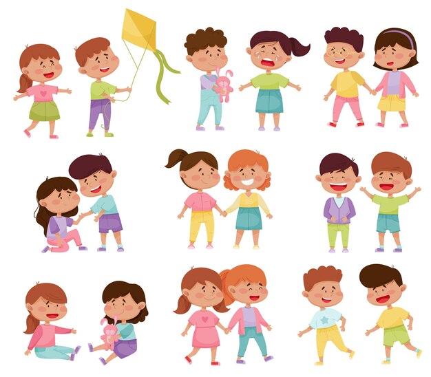 Niños amigables tomándose de la mano y animándose unos a otros Conjunto de ilustraciones vectoriales