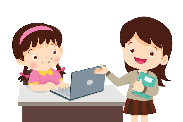 Niños y un amigo usando una computadora portátil