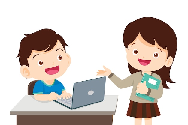 Niños y un amigo usando una computadora portátil
