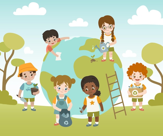Los niños amistosos cuidan el planeta tierra.